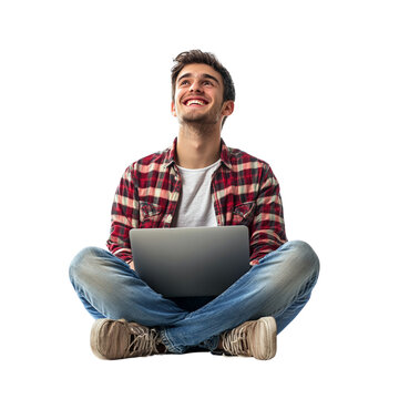 full-body photo of a happy man sitting on the floor with a laptop, against a white background