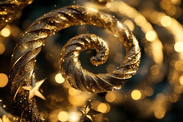 Wall Mural - Golden spirals blend with twinkling stars on a dark background, creating an enchanting abstract design perfect for Christmas. Generative AI