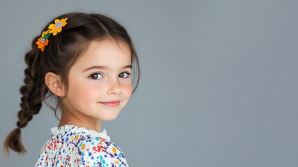 Australian little girl in traditional bunad folk costume isolated on gray