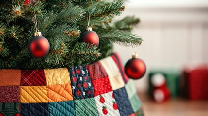 A beautifully decorated Christmas tree with red ornaments and a colorful quilted tree skirt, set against a cozy holiday backdrop.