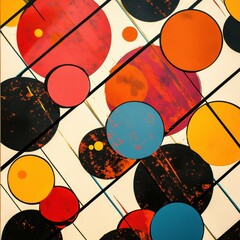 Aufkleber - Colorful circles of varying sizes are scattered across a dynamic diagonal grid, creating an engaging abstract geometric pattern. Generative AI