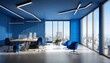 © l1gend - Modern blue coworking interior with partitions and panoramic windows with city view. 3D Rendering.
