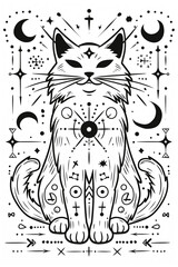 Adult colouring book page	Mystical Cat with Celestial Symbols Illustration  
