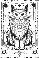 Adult colouring book page	Mystical Cat with Celestial Symbols Illustration  
