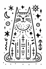 Adult colouring book page	Mystical Cat with Celestial Symbols Illustration  
