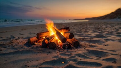 a bonfire is burning in the sand at the beach and the sun is setting