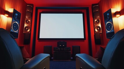 Poster - A stylish home theater with a large screen and sound system, Seating and media equipment arranged meticulously, Modern cinematic style