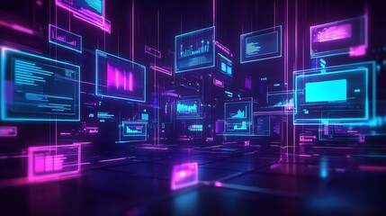 Aufkleber - Futuristic Digital Interface with Data Screens in Neon Blue and Pink Lighting : Generative AI