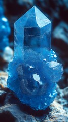 Aufkleber - Blue Gemstone in Raw Crystal Formation Resting on Earthy Rock Surface : Generative AI