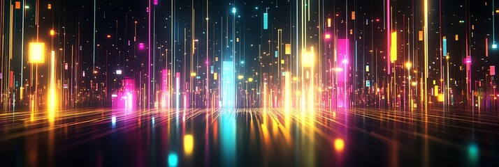 Aufkleber - Abstract Digital Light Patterns with Bright Neon Squares and Lines in a Futuristic Space : Generative AI