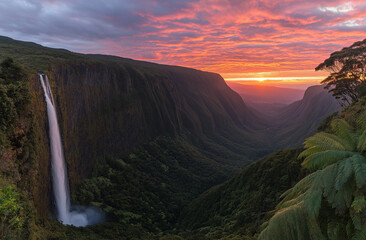 A breathtaking view of the Hulusi Dungeon Waterfall, nestled amidst lush greenery and vibrant flora in the heart of Hawaii's Big Island, at sunset with a dramatic red sky