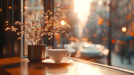 Aufkleber - Tranquil Café Scene with Blossoms and Coffee Cup Bathed in Golden Sunlight : Generative AI