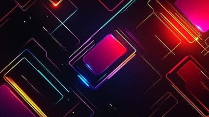 Fototapete - Colorful Neon Rectangular Paths and Squares on Dark Backdrop Vibrant Abstract Digital Design : Generative AI