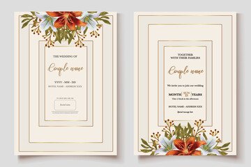 WEDDING INVITATION FRAME WITH FLOWER DECORATIONS AND FRESH LEAVES 