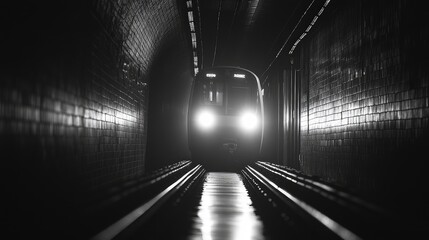 Poster - Subway Train Approaching in Dimly Lit Tunnel