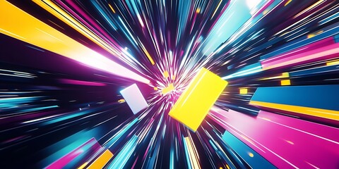 Fototapete - Colorful Geometric Abstract Design with Neon Lights and Accelerated Motion : Generative AI