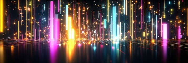 Aufkleber - Dynamic Neon Light Show with Moving Bars and Sparkles on a Reflective Surface : Generative AI