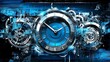 © mas - Abstract digital clock with gears and circuit board background.