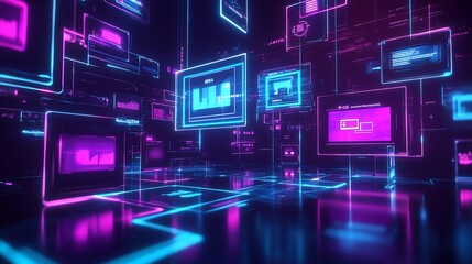 Aufkleber - Futuristic Digital Display with Neon Glowing Holographic Interface for Technology Concepts : Generative AI