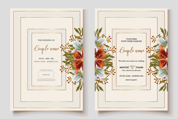 WEDDING INVITATION FRAME WITH FLOWER DECORATIONS AND FRESH LEAVES 