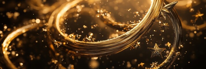 Poster - Golden spirals and shimmering stars intertwine beautifully, enhancing the festive spirit with light and shadow on a dark background. Generative AI