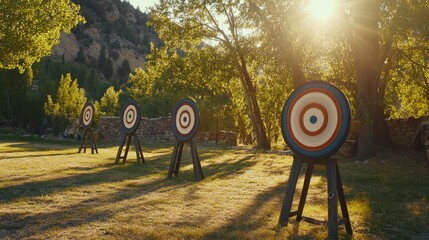 Poster - A sunlit outdoor archery range, Targets, bows