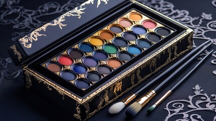 A compact, portable paint box with watercolor paints, brushes laid beside, isolated on a matte black background with intricate silver filigree