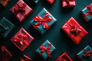 Wall Mural - Colorful gift boxes featuring striking bows are beautifully arranged on a dark surface, creating an inviting festive atmosphere. Generative AI