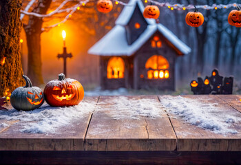 A Halloween-themed illustration of a pumpkin placed on a wooden table. A Halloween pumpkin on a wooden table with a blurred grave in the background.