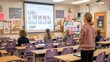 © ChanaphaStudio - A classroom scene showing a teacher standing before students, with a projector displaying visuals on a screen, creating an engaging learning environment.