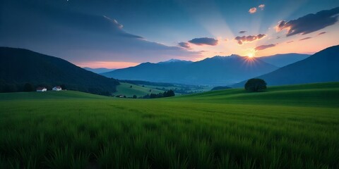 Sticker - A breathtaking sunset over rolling hills and a field of green.