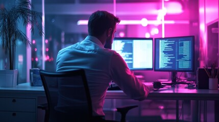 Poster - a software developer at work. a man sits at a desk in a bright office and stares at computer screens