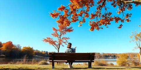 Canvas Print - Woman reading a book on a bench in a park.