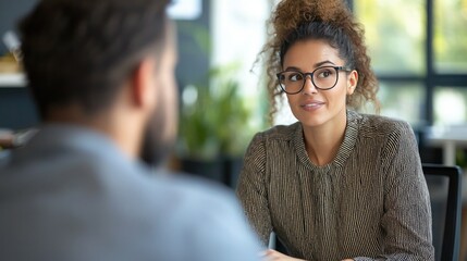 Poster - Job interview in an HR office with the interviewer asking questions. 