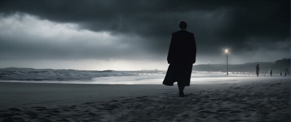 silhouette of a person walking on a beach at night