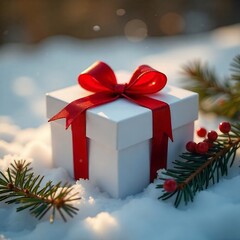 Wall Mural - A white gift box with a red ribbon sits in the snow.