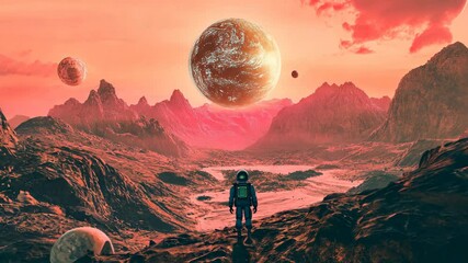 Wall Mural - an astronaut stands on a rocky cliff, gazing out at a vast, alien landscape with a large planet in t