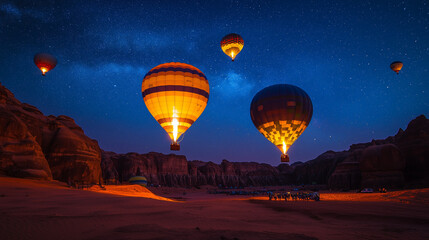 Wall Mural - AlUla Balloon Festival at night, hot air balloons light up with fire, lighting up the calm AlUla valley, the night sky is filled with stars, Ai generated images