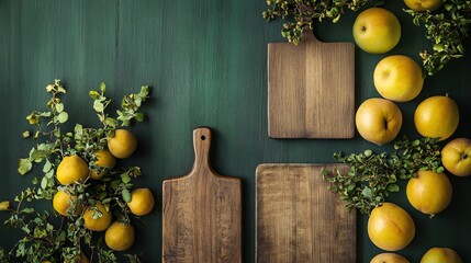 Ripe quinces and thyme sprigs, displayed against a deep green background with decorative wooden cutting boards