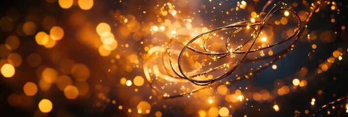 Fototapete - Golden spirals and sparkling stars intertwine against a dark background, evoking the essence of abstract Christmas symbols in a magical display. Generative AI
