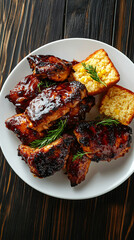 Barbecue chicken thighs being served on white plate with cornbread, over rustic wooden table