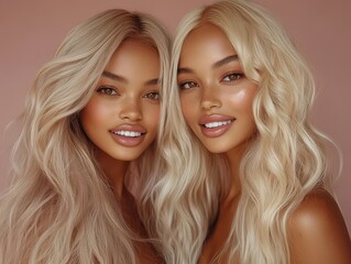 Portrait of two smiling young women with long, wavy blonde hair and glowing skin in a soft, natural light.