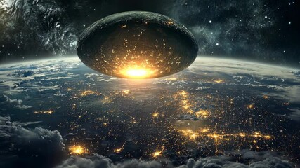 Wall Mural - a large, dark object hovers above a planet covered in clouds and city lights, creating a dramatic an