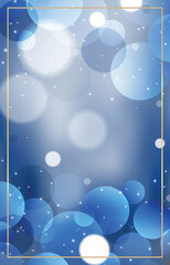Abstract pattern for blue flyer. Festive bright blur background with bokeh circles and golden frame, vector.  Template for a holiday card, congratulations, invitation, or advertising your product.