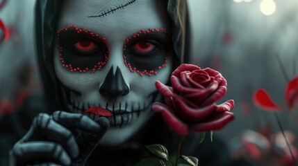 Close-up of woman with spooky skull makeup holding red rose, eerie Halloween and gothic style