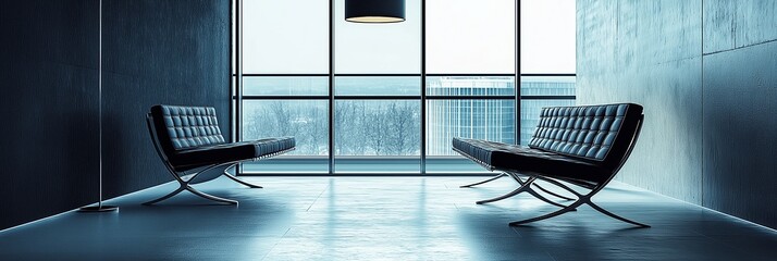 Two sleek black leather chairs are facing each other in a minimalist room with blue tones, suggesting modern comfort.