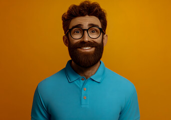 Portrait of a happy man with a beard and glasses wearing a blue polo shirt, isolated on an orange background.