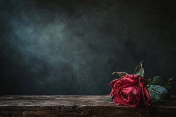 Wall Mural - A single red rose is on a wooden table