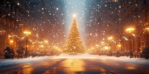 Christmas background. Xmas tree with snow decorated with garland lights, holiday festive background. 