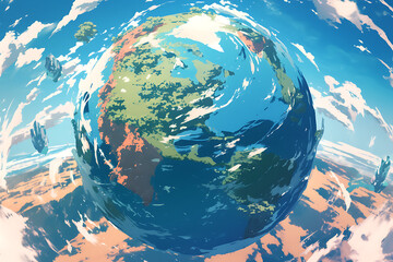anime style, round earth and plants illustration